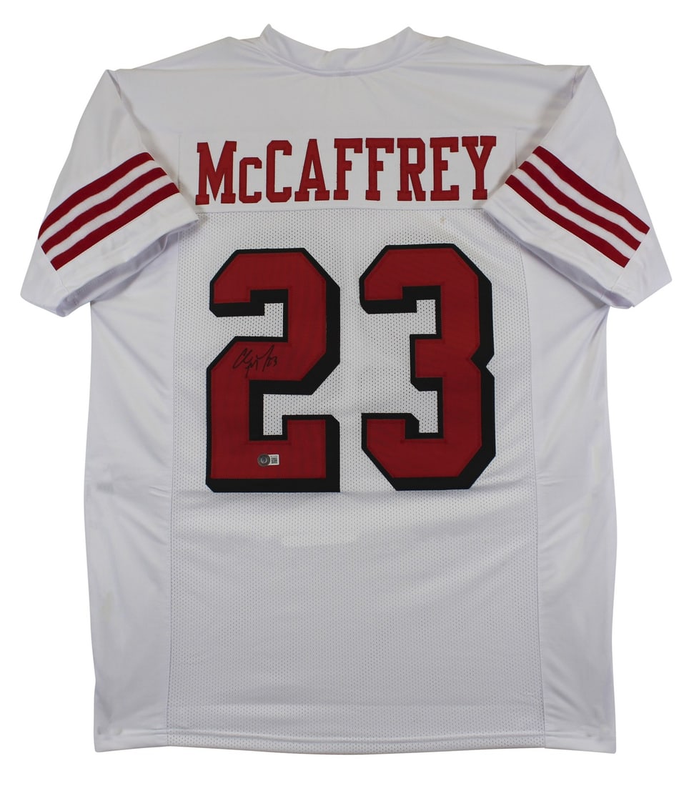 Christian McCaffrey Signed White Pro Style Jersey with Dropshadow BAS: Christian McCaffrey Signed White Pro Style Jersey with Dropshadow BAS This is an original white pro-style jersey personally signed by Christian McCaffrey, the talented running back of the San Francisc