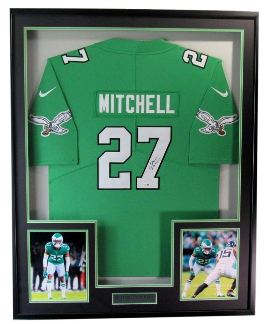 Framed Football Jersey Autographed by Quinyon Mitchell with JSA Authentication: Framed Football Jersey Autographed by Quinyon Mitchell with JSA Authentication This framed Quinyon Mitchell autographed football jersey is a must-have for any Philadelphia Eagles fan. The jersey featu