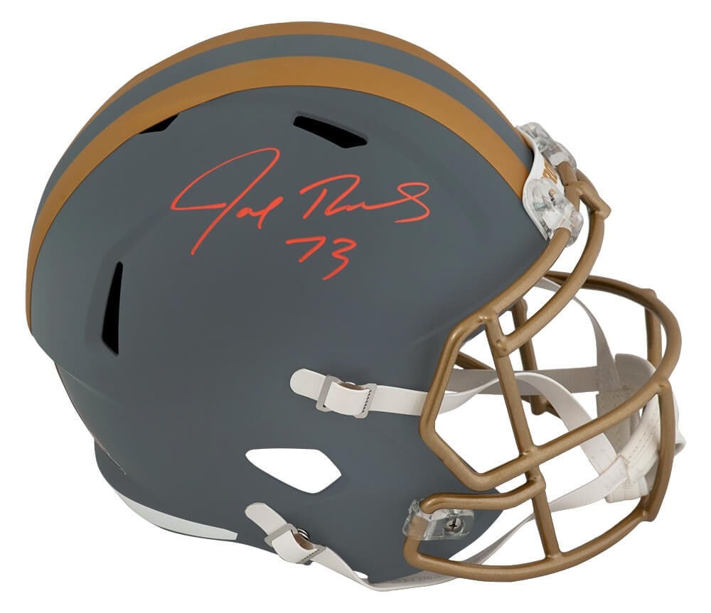 Joe Thomas Signed Browns Riddell Full Size Helmet with COA: Joe Thomas Signed Browns Riddell Full Size Helmet with COA Celebrate the legacy of Joe Thomas with this signed Cleveland Browns Slate Riddell full-size speed replica helmet. This collectible helmet fe