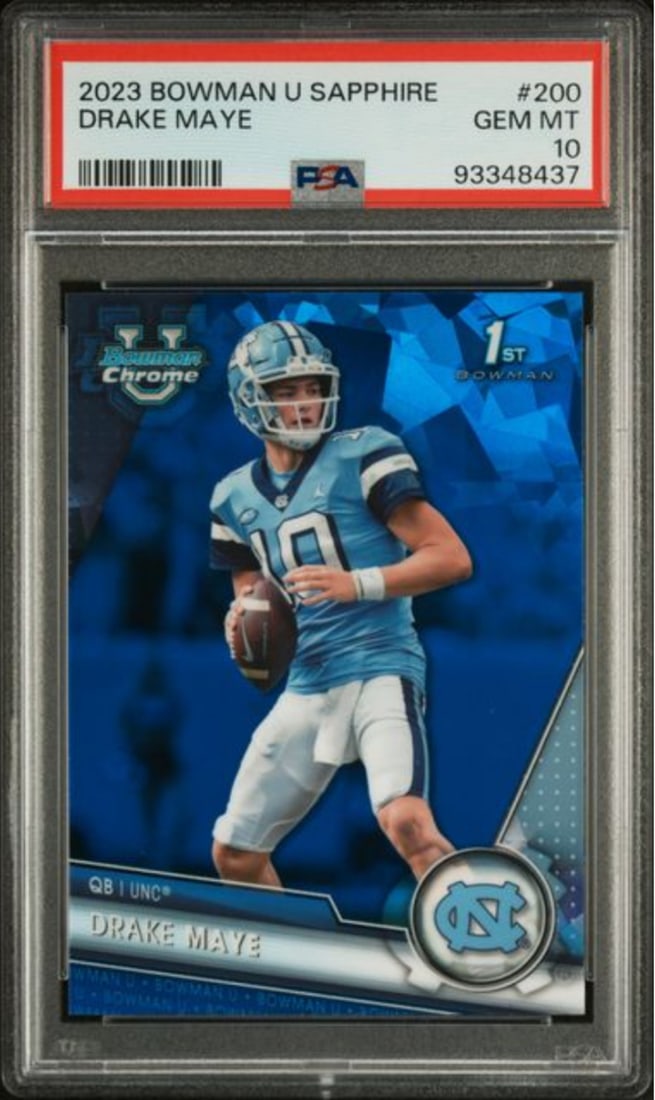 2023 Topps Bowman U Sapphire Drake Maye Rookie Card PSA 10: 2023 Topps Bowman U Sapphire Drake Maye Rookie Card PSA 10 This is a graded 2023 Topps Bowman U Sapphire Drake Maye #200 rookie football card, receiving a perfect grade of 10 from Professional Sports 