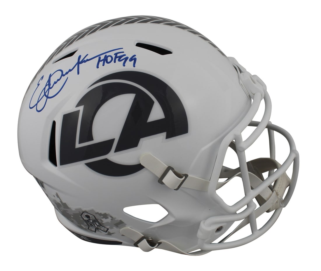 Eric Dickerson Signed Rams STS III Full Size Speed Replica Helmet Beckett Witnessed: Eric Dickerson Signed Rams STS III Full Size Speed Replica Helmet Beckett Witnessed This St. Louis Rams full size Riddell Speed Replica Helmet is an alternate 2024 Salute To Service III edition, hand 