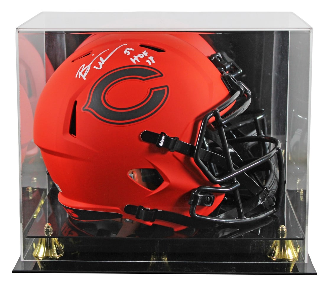 Chicago Bears Brian Urlacher Signed Rave Helmet HOF 18 with BAS Authentication: Chicago Bears Brian Urlacher Signed Rave Helmet HOF 18 with BAS Authentication This Chicago Bears Full Size Speed Replica Helmet features the iconic signature of Brian Urlacher, inscribed with "HOF 18