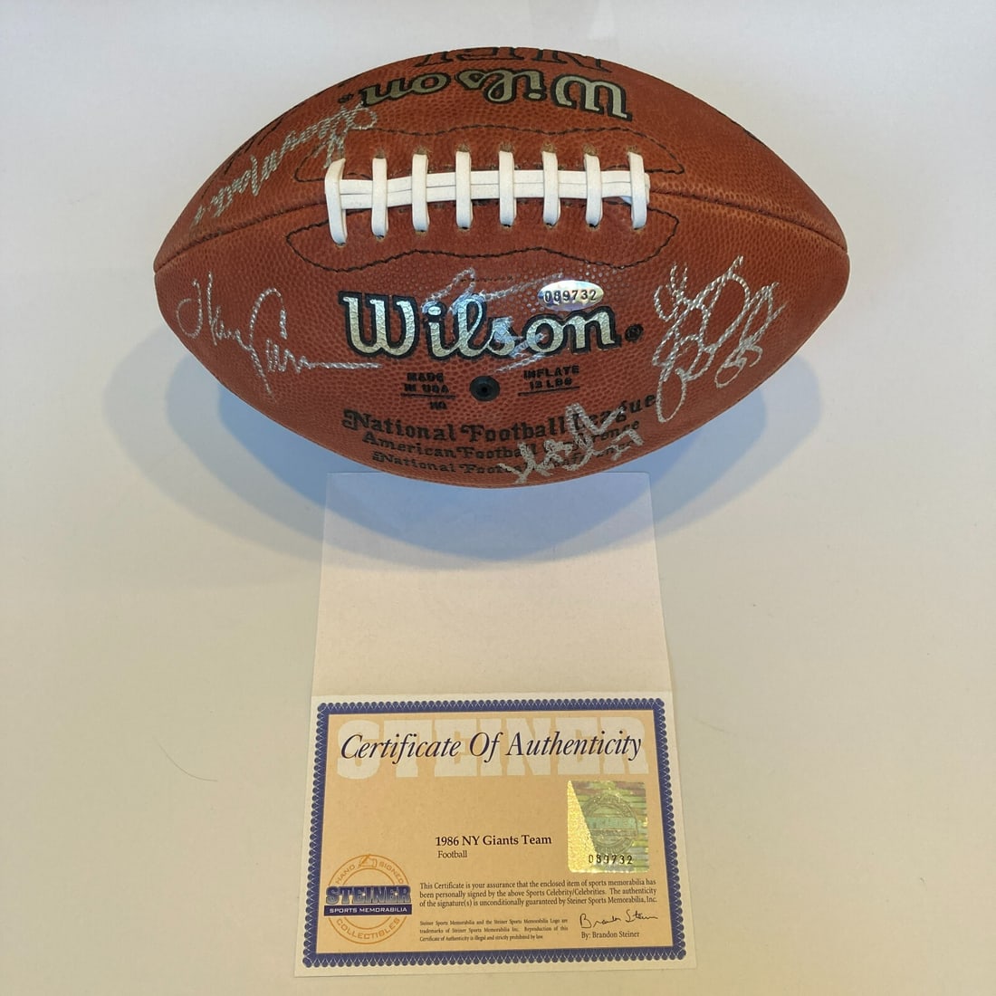 1986 New York Giants Team Signed Wilson NFL Football Steiner COA: 1986 New York Giants Team Signed Wilson NFL Football Steiner COA Celebrate the legendary 1986 New York Giants with this team-signed Wilson NFL football. Authenticated by Steiner Sports, this original 