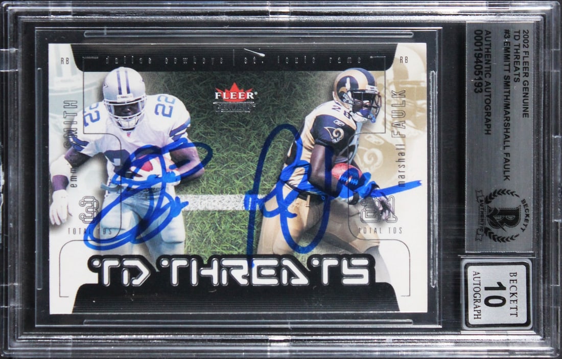 2002 Fleer Genuine #3 Card Signed by Emmitt Smith and Marshall Faulk BAS 10 (1 of 2)