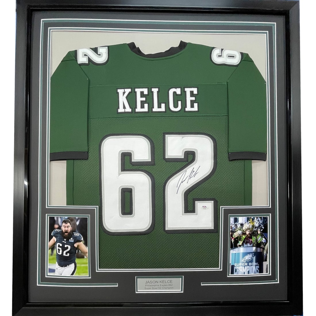 Framed Jason Kelce signed Eagles jersey 33x42 JSA authenticated: Framed Jason Kelce signed Eagles jersey 33x42 JSA authenticated This professionally framed and matted Philadelphia Eagles green jersey features the authentic autograph of NFL player Jason Kelce. The d