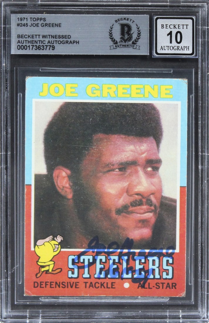 Joe Greene Signed 1971 Topps #245 Card Auto 10 Beckett Authenticated: Joe Greene Signed 1971 Topps #245 Card Auto 10 Beckett Authenticated This authentic 1971 Topps #245 trading card features the signature of Joe Greene, a legendary player of the Pittsburgh Steelers. Th