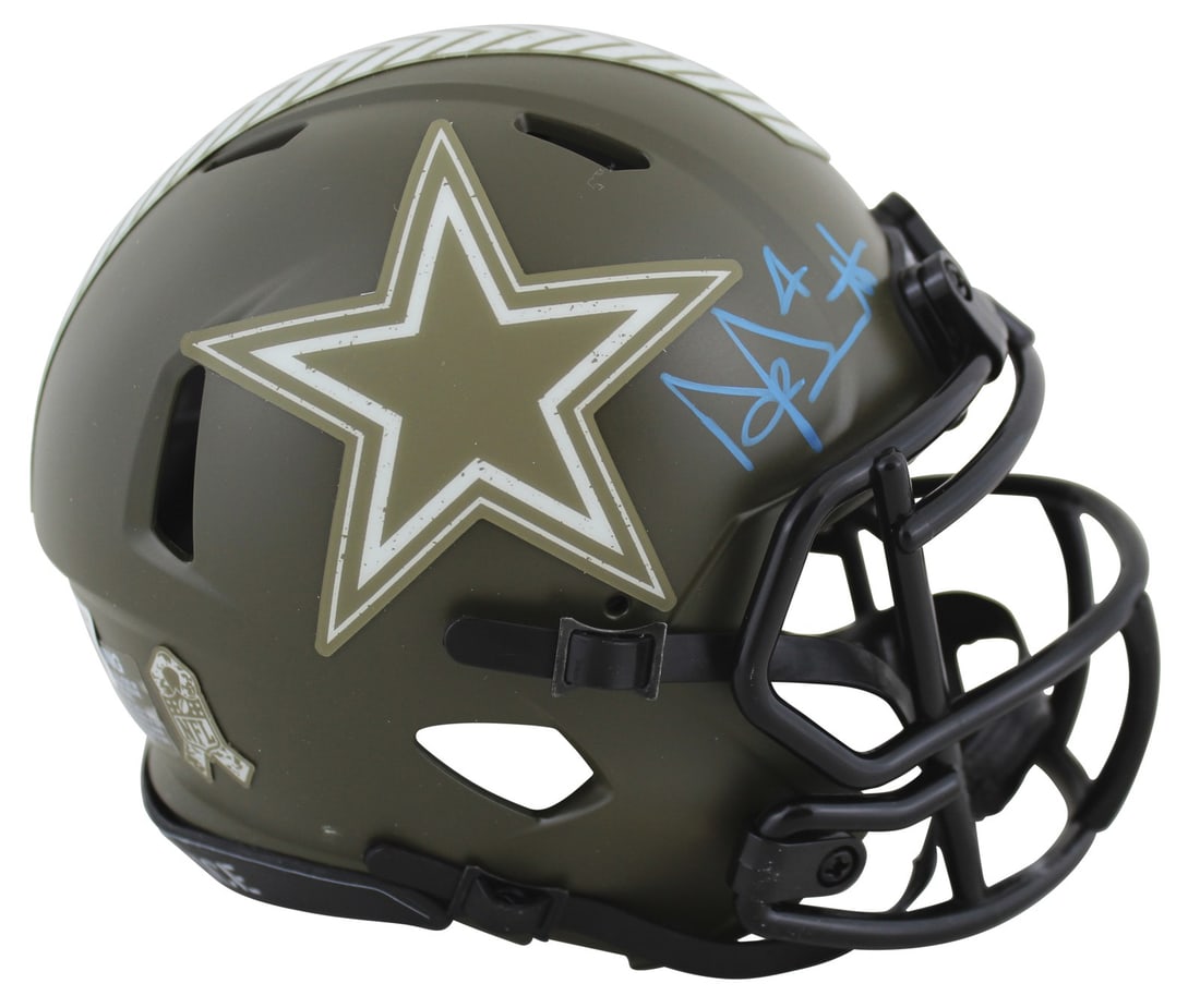 Dak Prescott Autographed Dallas Cowboys Salute To Service Mini Helmet BAS Witnessed: Dak Prescott Autographed Dallas Cowboys Salute To Service Mini Helmet BAS Witnessed Celebrate your support for the Dallas Cowboys with this authentic Dak Prescott signed Salute to Service Speed Mini H