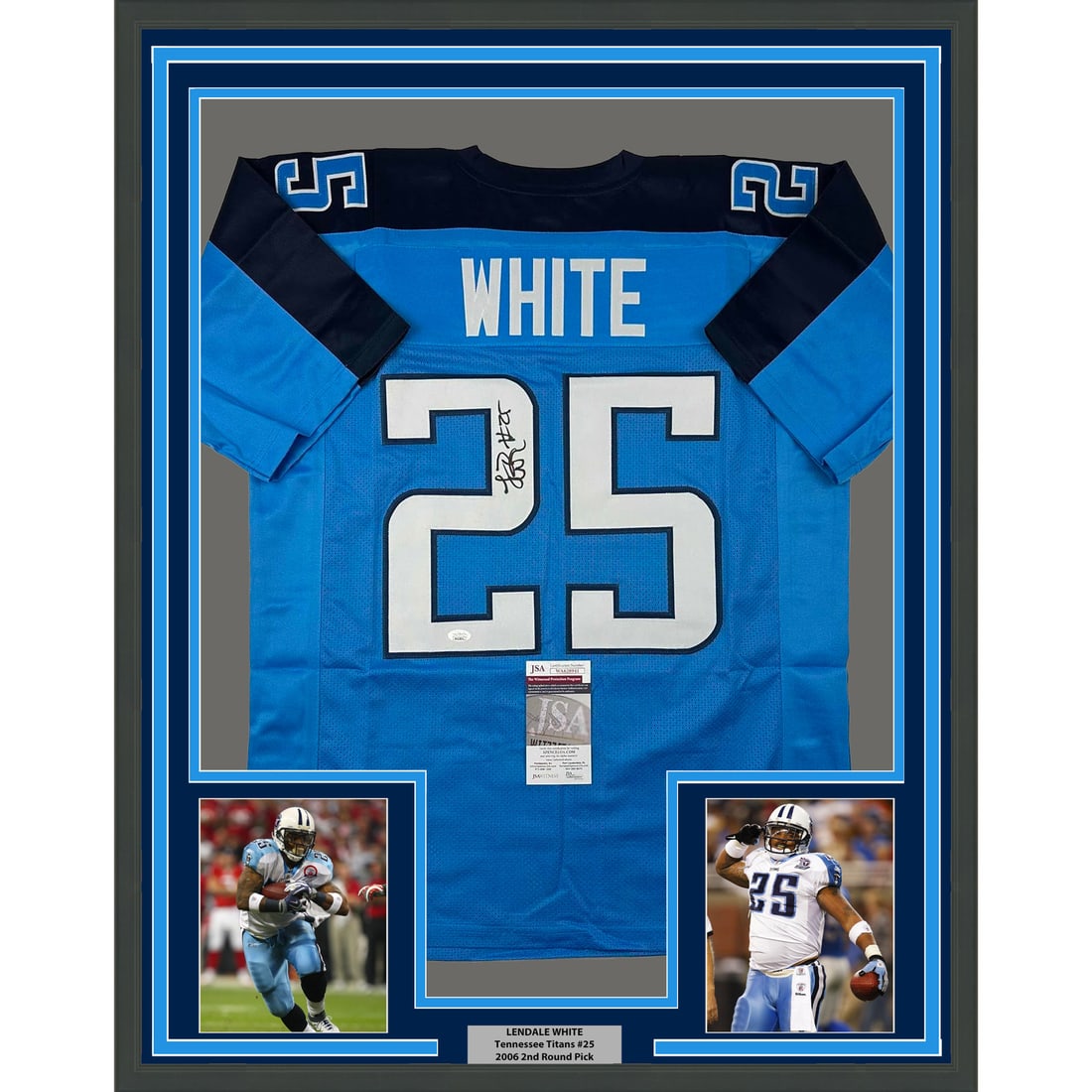 LenDale White signed framed jersey JSA COA 35x39 with two photos: LenDale White signed framed jersey JSA COA 35x39 with two photos This framed LenDale White jersey features an authentic autograph and comes with certification from James Spence Authentication (JSA). T