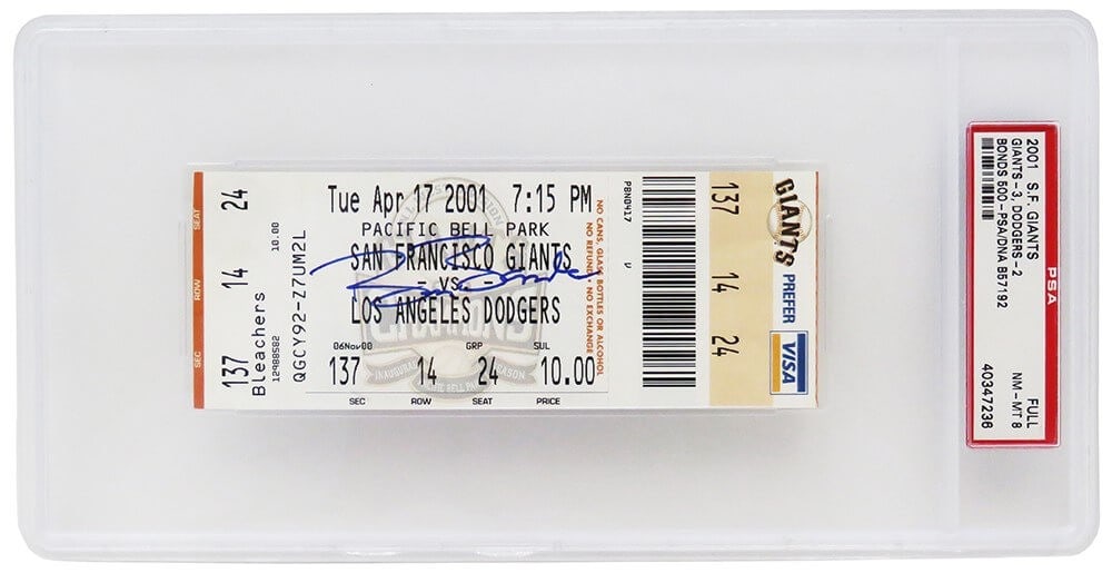 Barry Bonds Signed Giants vs Dodgers 500th HR Ticket PSA NM-MT 8 (1 of 2)