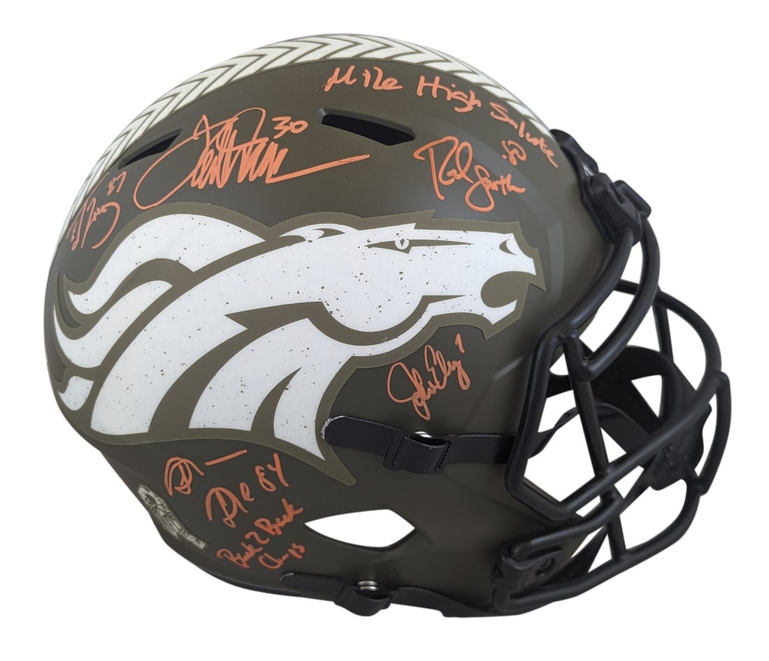 Denver Broncos Full Size Helmet Signed by Elway Sharpe Davis Smith McCaffrey BAS: Denver Broncos Full Size Helmet Signed by Elway Sharpe Davis Smith McCaffrey BAS This Denver Broncos full-size Riddell Speed Replica helmet is an original, hand-signed collectible featuring autographs