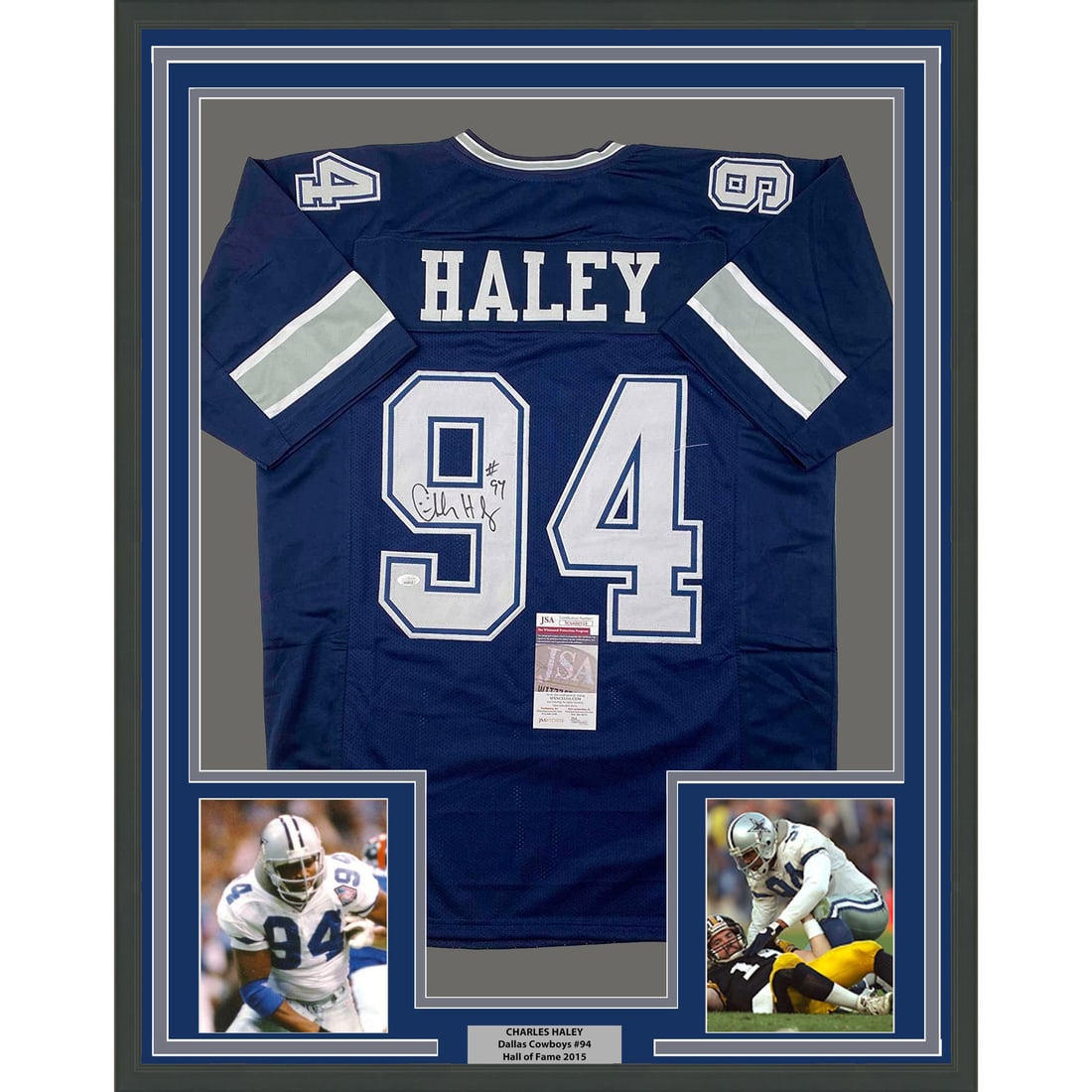 Charles Haley Signed Dallas Cowboys Jersey in 33x42 Frame JSA Authenticated: Charles Haley Signed Dallas Cowboys Jersey in 33x42 Frame JSA Authenticated This framed display features a Dallas Cowboys blue jersey autographed by Charles Haley. The jersey is professionally framed 