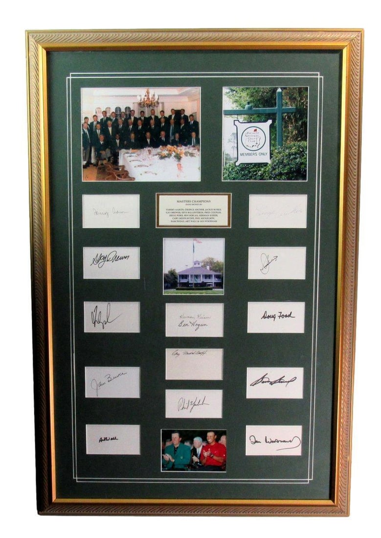 Framed Masters champions autograph display 14 cut cards JSA 26 x 38: Framed Masters champions autograph display 14 cut cards JSA 26 x 38 This framed display features 14 autographed cut cards from Masters Champions, accompanied by photos. The signatures included are Tom