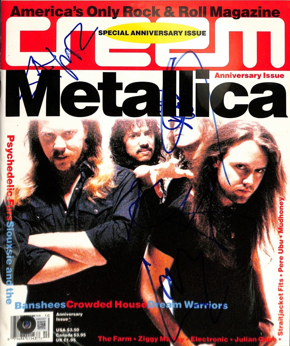 Metallica Signed 1991 Cream Magazine with 4 Autographs LOA AB62067: Metallica Signed 1991 Cream Magazine with 4 Autographs LOA AB62067 This is an authentic 1991 Cream Magazine featuring four signatures from the legendary band Metallica. Each signature, penned in blue 