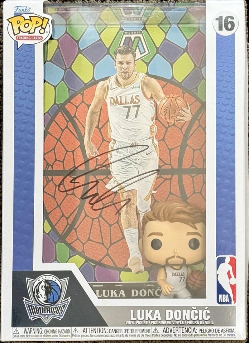 Autographed Luka Doncic Funko Pop Trading Cards with Beckett LOA: Autographed Luka Doncic Funko Pop Trading Cards with Beckett LOA This Dallas Mavericks Funko Pop Trading Cards collectible is hand-signed by Luka Doncic and comes in its original Pop! Trading Cards pa