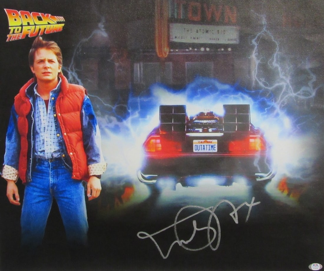22x26 Back to the Future Canvas Print signed by Michael J Fox PSA DNA: 22x26 Back to the Future Canvas Print signed by Michael J Fox PSA DNA Michael J. Fox signed "Back to the Future" canvas print. The piece is authenticated by PSA/DNA and includes a tamper-proof sticker