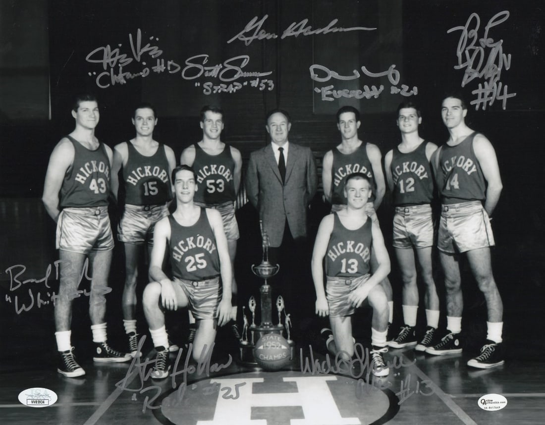 11x14 Hoosiers cast photo 8 signatures JSA authenticated: 11x14 Hoosiers cast photo 8 signatures JSA authenticated This is an original 11x14 photograph signed by Gene Hackman and seven Hickory players from the cast of Hoosiers. The photo has been authenticat