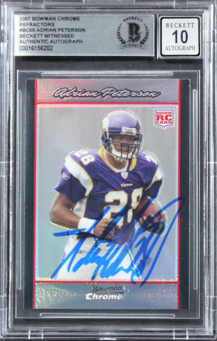 Adrian Peterson Signed 2007 Bowman Chrome #BC65 RC Auto Gem Mint 10 BAS: Adrian Peterson Signed 2007 Bowman Chrome #BC65 RC Auto Gem Mint 10 BAS This exceptional item features a 2007 Bowman Chrome #BC65 Rookie Card, personally signed by Adrian Peterson of the Minnesota Vik