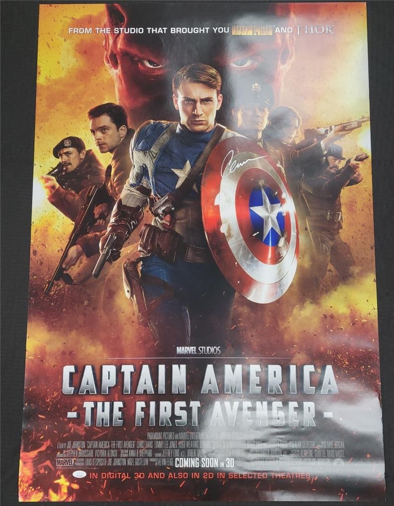 Chris Evans Signed Captain America The First Avenger 27x40 Poster JSA Authentication: Chris Evans Signed Captain America The First Avenger 27x40 Poster JSA Authentication This is an original movie poster for "Captain America: The First Avenger," measuring 27x40 inches. The poster is si