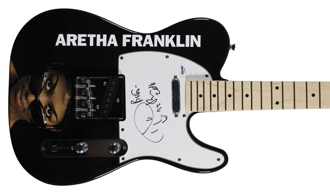 PSA DNA signed Aretha Franklin Glarry black electric guitar: PSA DNA signed Aretha Franklin Glarry black electric guitar This pre-owned Glarry black electric guitar has been personally signed by Aretha Franklin. The autograph is authenticated by PSA/DNA and fea