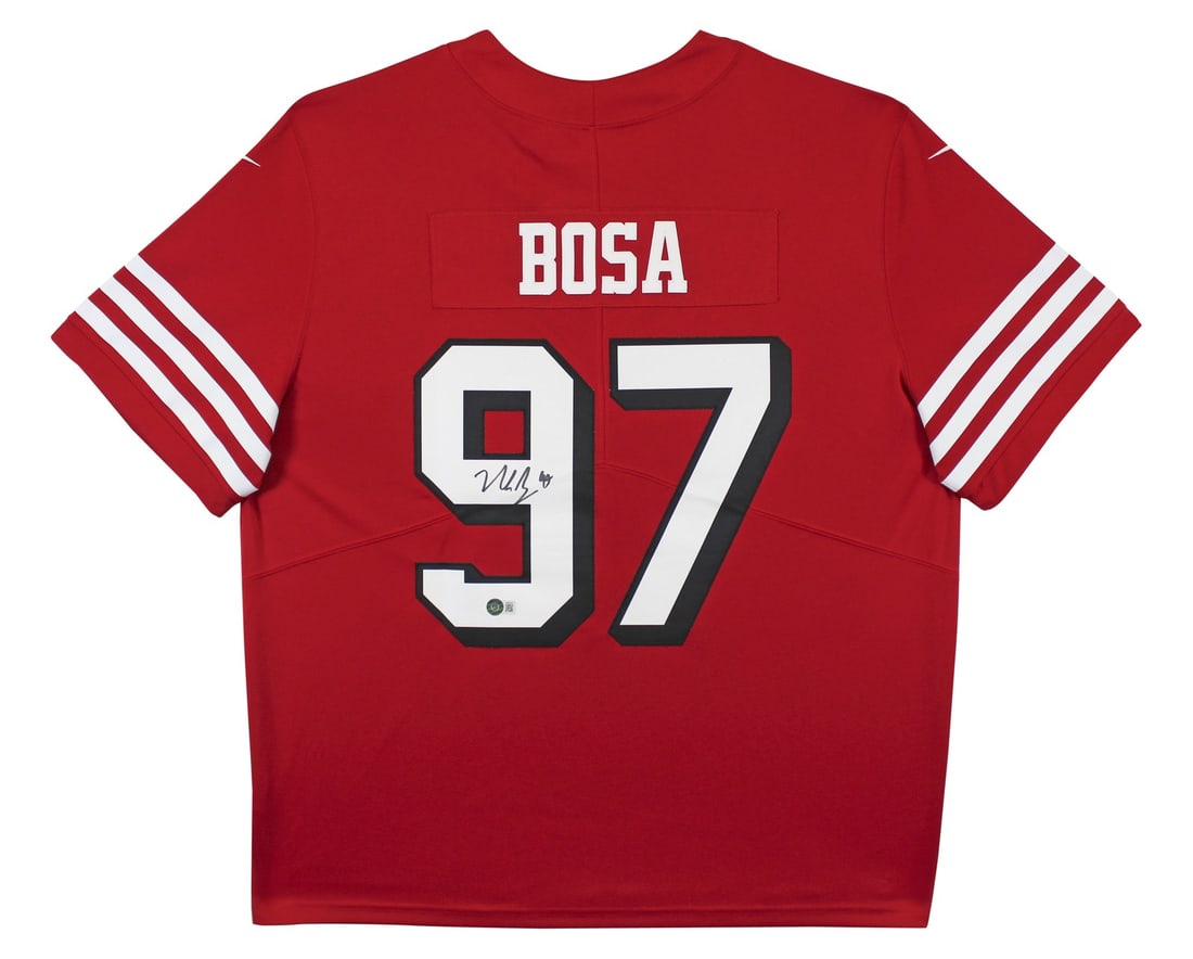 Nick Bosa signed Nike Elite jersey red 49ers BAS witnessed: Nick Bosa signed Nike Elite jersey red 49ers BAS witnessed Autographed red Nike Elite jersey personally signed by Nick Bosa of the San Francisco 49ers. This original item includes Beckett Authenticati