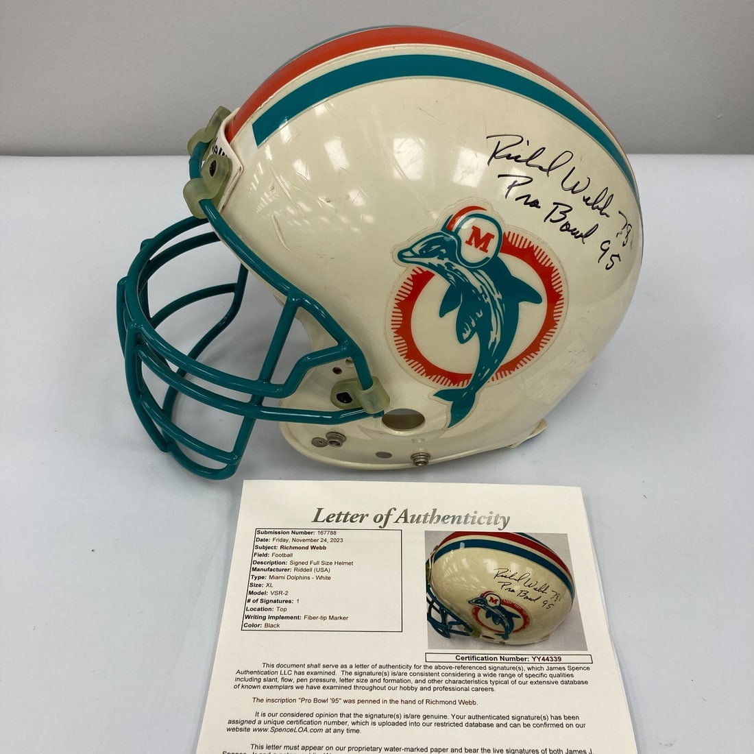 Richmond Webb 1995 Pro Bowl Signed Game Used Helmet Miami Dolphins JSA COA: Richmond Webb 1995 Pro Bowl Signed Game Used Helmet Miami Dolphins JSA COA This is a rare, signed game-used Miami Dolphins helmet from the 1995 Pro Bowl, featuring the autograph of Richmond Webb. The 