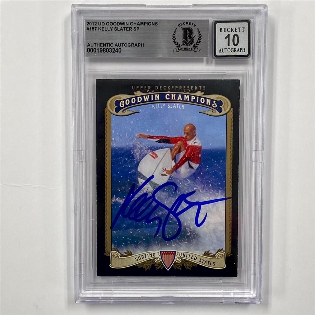 2012 Upper Deck Goodwin Champions Kelly Slater Rookie Card BAS 10 Auto: 2012 Upper Deck Goodwin Champions Kelly Slater Rookie Card BAS 10 Auto This is an original 2012 Upper Deck Goodwin Champions #157 sports trading card featuring surfing legend Kelly Slater. The card is
