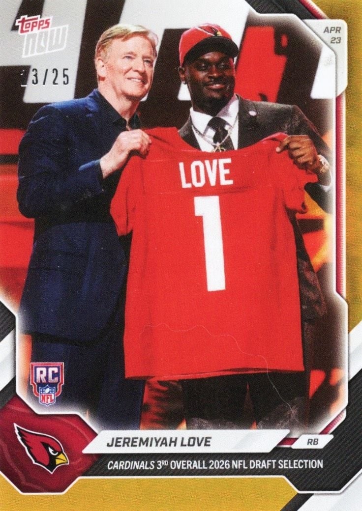 Jeremiyah Love Topps Now Orange Foil /25 Football Card: Jeremiyah Love Topps Now Orange Foil /25 Football Card This is a 2026 Topps Now Jeremiyah Love Orange Foil sports trading card, featuring the Arizona Cardinals rookie. The card is part of a limited ed