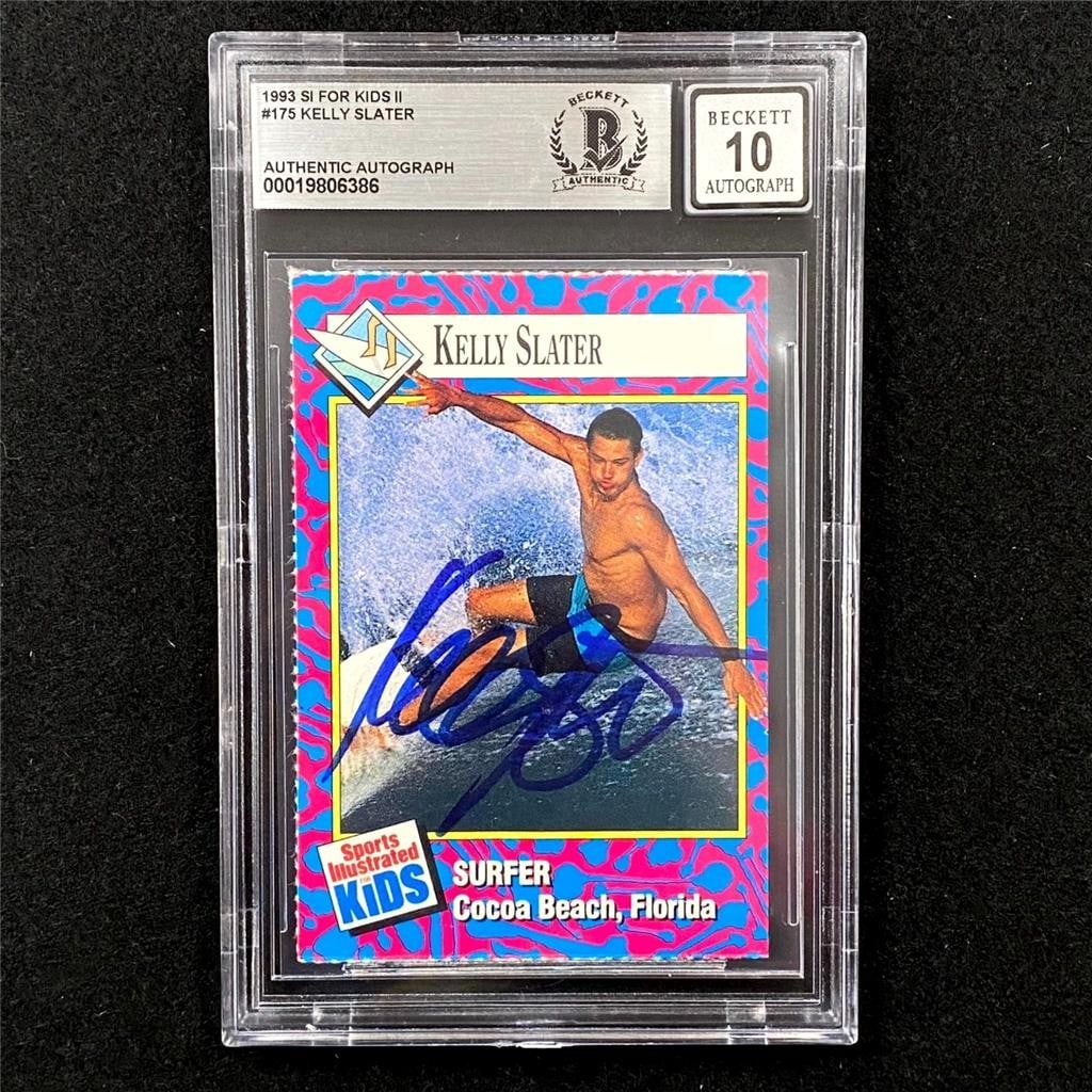 Kelly Slater 1993 SI For Kids Rookie Card BAS 10 Auto: Kelly Slater 1993 SI For Kids Rookie Card BAS 10 Auto This is a 1993 SI For Kids #175 Kelly Slater rookie sports trading card, featuring an authentic hard signature from Kelly Slater. The card has bee