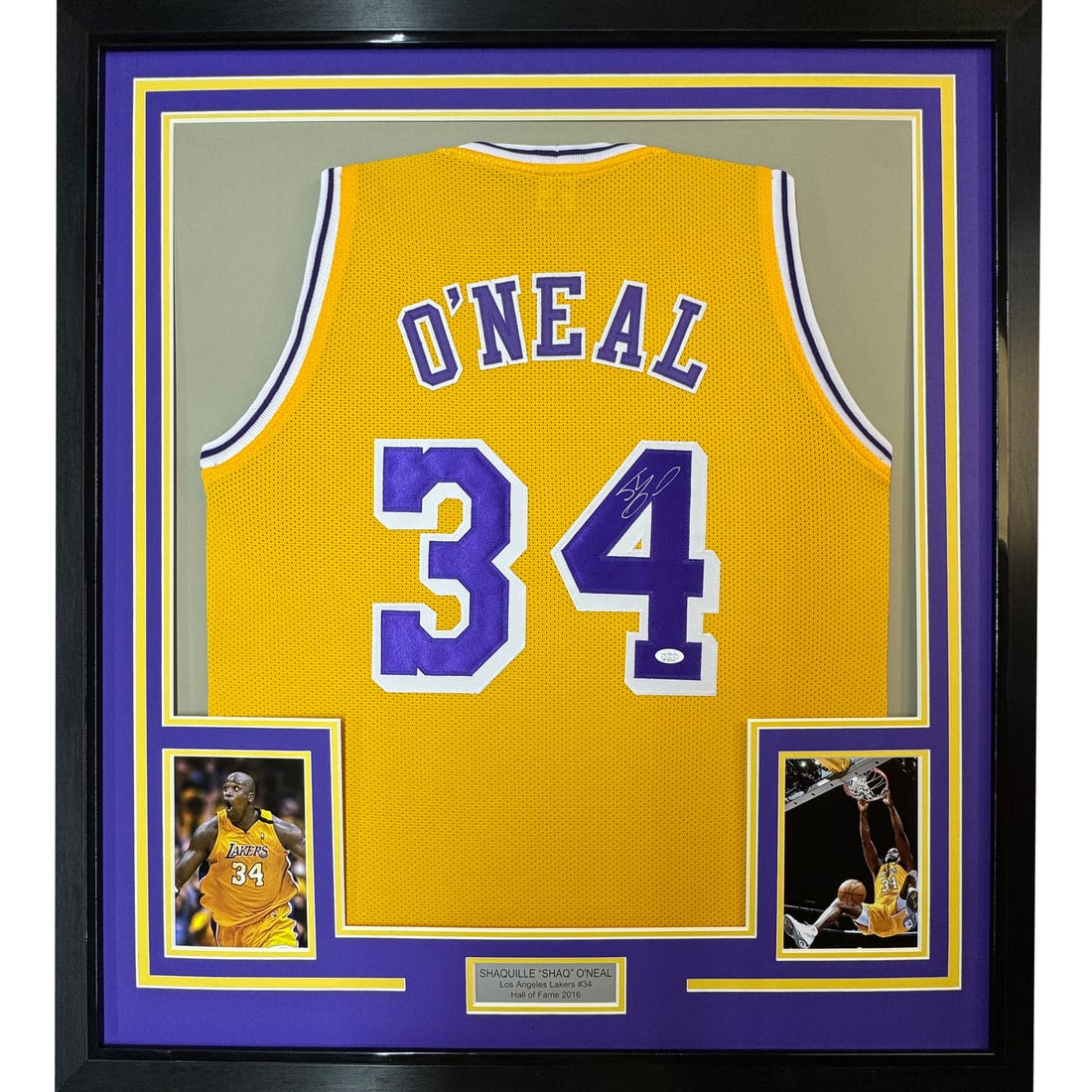 Framed Shaquille O'Neal Autographed Lakers Jersey with BAS COA: Framed Shaquille O'Neal Autographed Lakers Jersey with BAS COA Celebrate the legacy of Shaquille O'Neal with this framed autographed Los Angeles Lakers yellow jersey. This original piece features a bo
