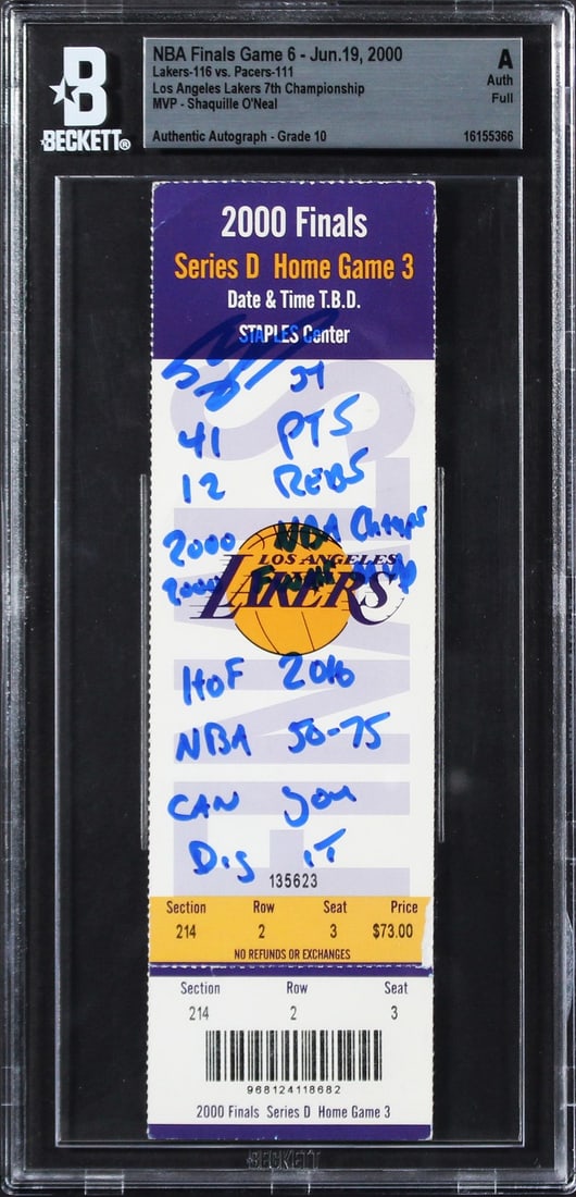 Shaquille O'Neal Signed 2000 NBA Finals Game 6 Ticket Inscribed Gem Mint 10 Beckett (1 of 2)