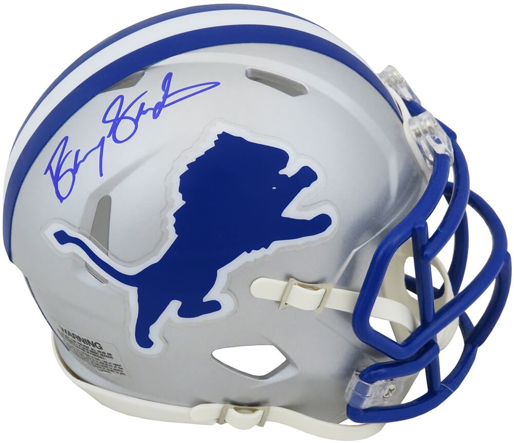 Barry Sanders Signed Riddell Mini Helmet Detroit Lions HOF COA: Barry Sanders Signed Riddell Mini Helmet Detroit Lions HOF COA This collectible item features a signed throwback mini helmet of Barry Sanders, the legendary Detroit Lions player. The helmet is a Ridde