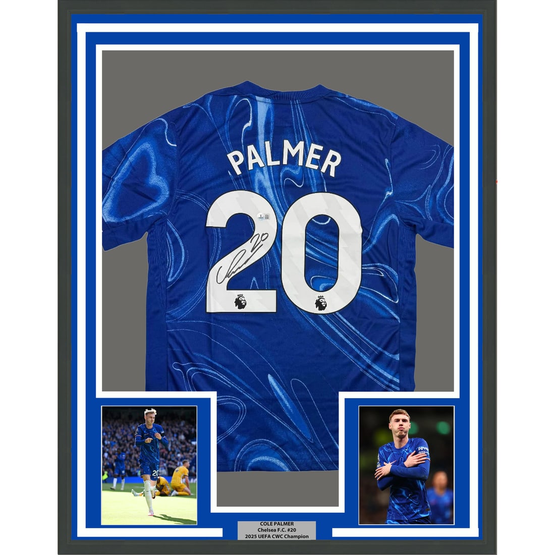 Cole Palmer Signed Chelsea Jersey in 35x39 Frame Beckett Authenticated: Cole Palmer Signed Chelsea Jersey in 35x39 Frame Beckett Authenticated This professionally framed and matted display features a blue Chelsea jersey autographed by Cole Palmer. The jersey is authentica