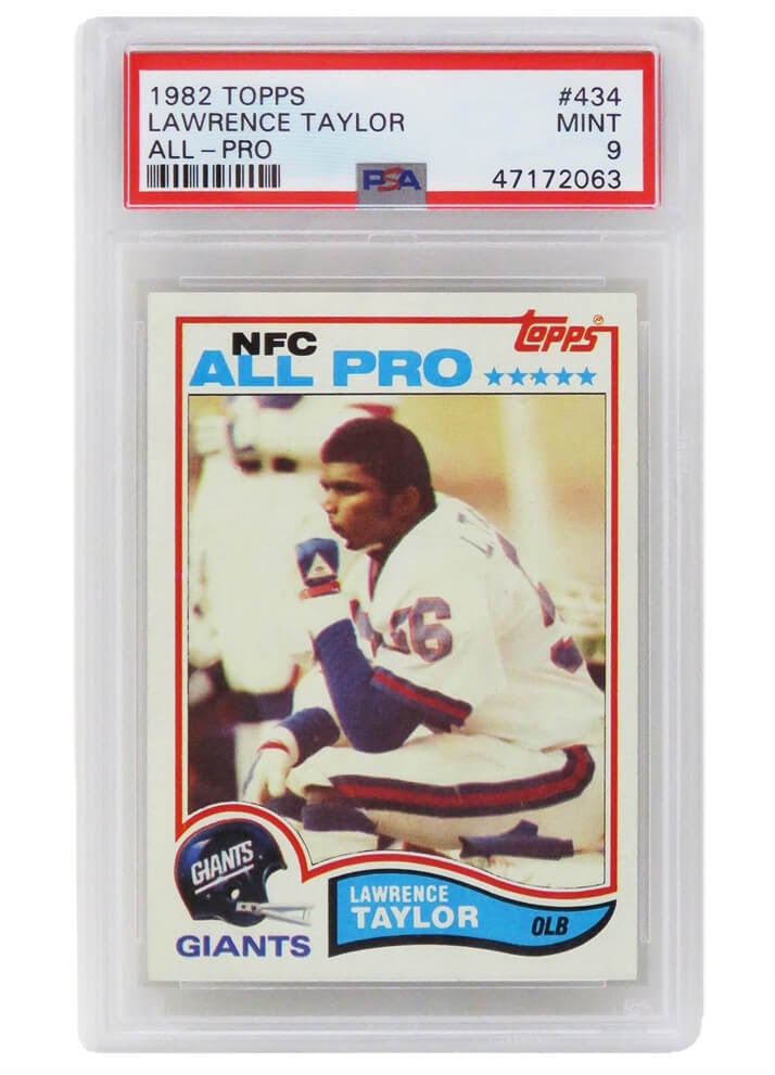 1982 Topps Lawrence Taylor Rookie Card PSA 9 New York Giants: 1982 Topps Lawrence Taylor Rookie Card PSA 9 New York Giants This offering features a Lawrence Taylor 1982 Topps #434 rookie card, encapsulated and graded Mint 9 by PSA. Known for his outstanding care