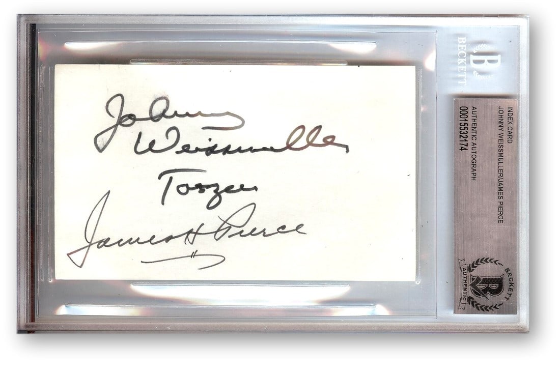 Beckett Authenticated Index Card Signed by Weissmuller and Pierce as Tarzan: Beckett Authenticated Index Card Signed by Weissmuller and Pierce as Tarzan This is an original autographed index card featuring the dual signatures of Johnny Weissmuller and James Pierce, both renown