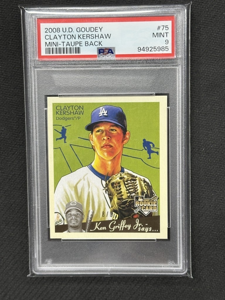 Clayton Kershaw 2008 Upper Deck Goudey Mini Rookie Card PSA 9 #75: Clayton Kershaw 2008 Upper Deck Goudey Mini Rookie Card PSA 9 #75 This Clayton Kershaw 2008 Upper Deck Goudey Mini Taupe Back Baseball Card is a must-have for any collector. Featuring the talented pit