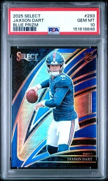 PSA 10 Jaxson Dart 2025 Panini Select Blue Prizm RC 293 99: PSA 10 Jaxson Dart 2025 Panini Select Blue Prizm RC 293 99 This is a 2025 Panini Select Jaxson Dart Blue Prizm rookie card, numbered #293 and limited to 99 copies. The card features a multicolor Blue 