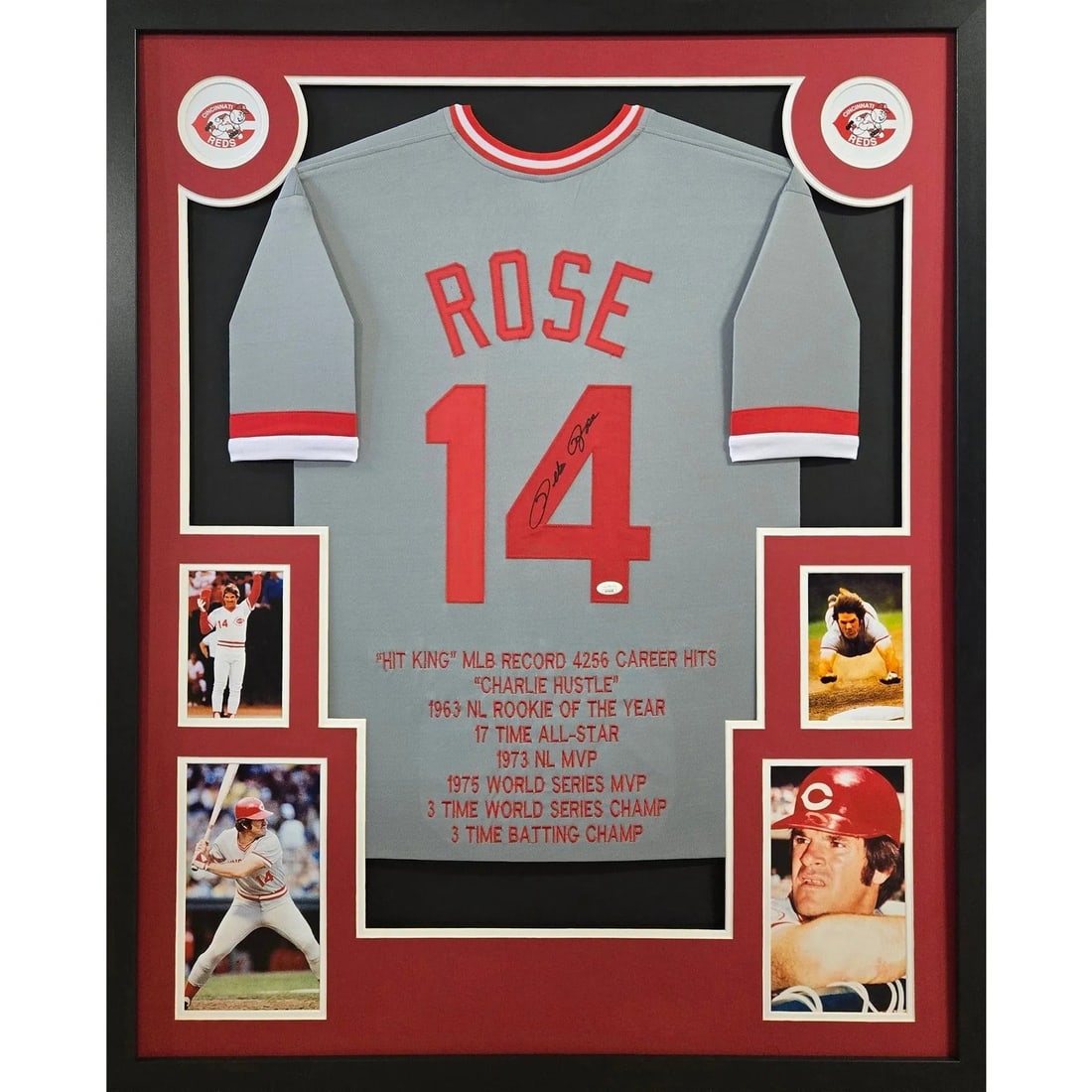 Pete Rose Signed Framed Jersey JSA Authenticated Cincinnati Reds 42x34: Pete Rose Signed Framed Jersey JSA Authenticated Cincinnati Reds 42x34 Celebrate baseball history with this framed jersey signed by Pete Rose, a legendary figure of the Cincinnati Reds. This jersey is