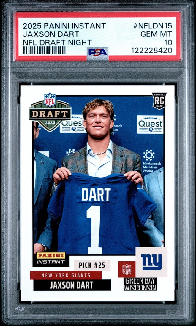 2025 Panini Jaxson Dart NFL Draft Night RC Card PSA 10: 2025 Panini Jaxson Dart NFL Draft Night RC Card PSA 10 This is a Graded 2025 Panini Jaxson Dart #NFLDN15 NFL Draft Night Rookie Card, encapsulated and graded by Professional Sports Authenticator (PSA)