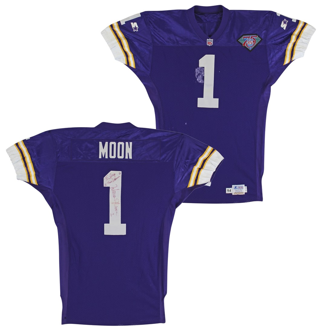 Warren Moon Vikings game worn purple Starter Proline jersey Beckett COA: Warren Moon Vikings game worn purple Starter Proline jersey Beckett COA This is a Minnesota Vikings game-worn purple Starter Proline jersey, size 42 Long, personally signed by Warren Moon. The jersey 