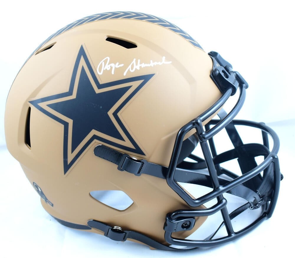 Roger Staubach Signed Dallas Cowboys 2023 Speed Helmet Beckett Authenticated: Roger Staubach Signed Dallas Cowboys 2023 Speed Helmet Beckett Authenticated This is a full-size helmet honoring Roger Staubach, a legendary player for the Dallas Cowboys. The helmet is part of the 20