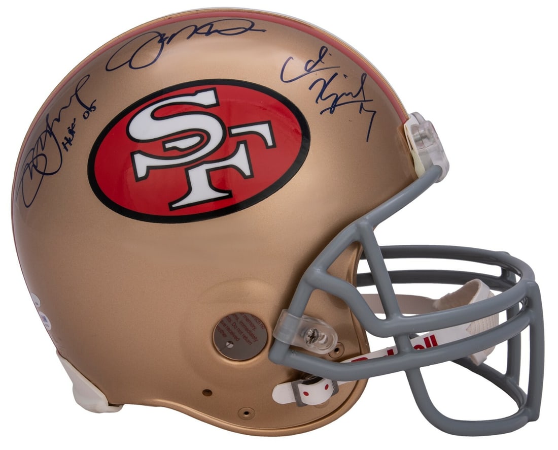 San Francisco 49ers Full-Size Helmet Signed by Kaepernick Montana Young PSA: San Francisco 49ers Full-Size Helmet Signed by Kaepernick Montana Young PSA This remarkable full-size authentic San Francisco 49ers helmet is signed by three legendary quarterbacks: Joe Montana, Steve