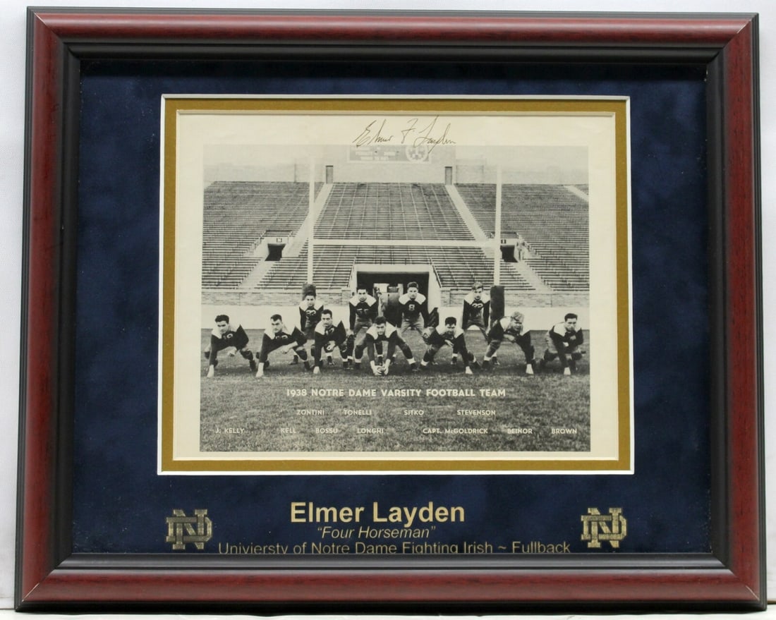 Elmer Layden Signed 8x10 Framed Photo Four Horsemen JSA Notre Dame: Elmer Layden Signed 8x10 Framed Photo Four Horsemen JSA Notre Dame This is an original framed 8x10 photo signed by Elmer Layden, a legendary player from the Notre Dame Fighting Irish football team. Th