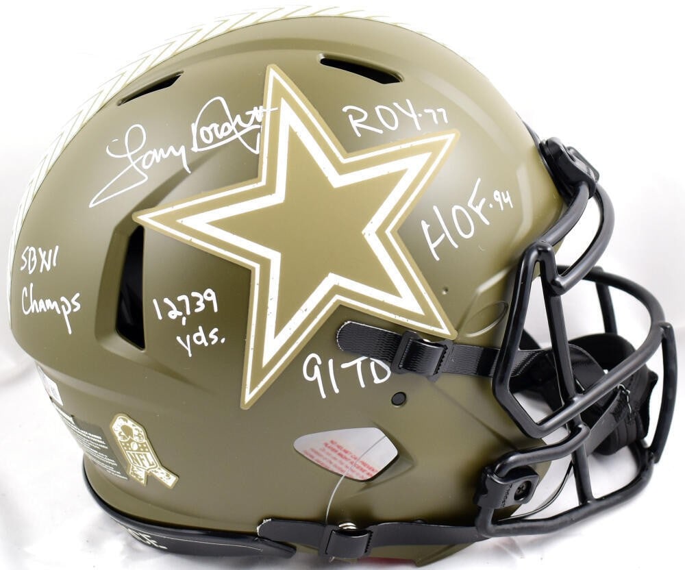 Dallas Cowboys Tony Dorsett autographed Speed helmet Beckett: Dallas Cowboys Tony Dorsett autographed Speed helmet Beckett This is a Dallas Cowboys full-size Salute to Service Speed Authentic helmet signed by Tony Dorsett. The autograph has been authenticated by