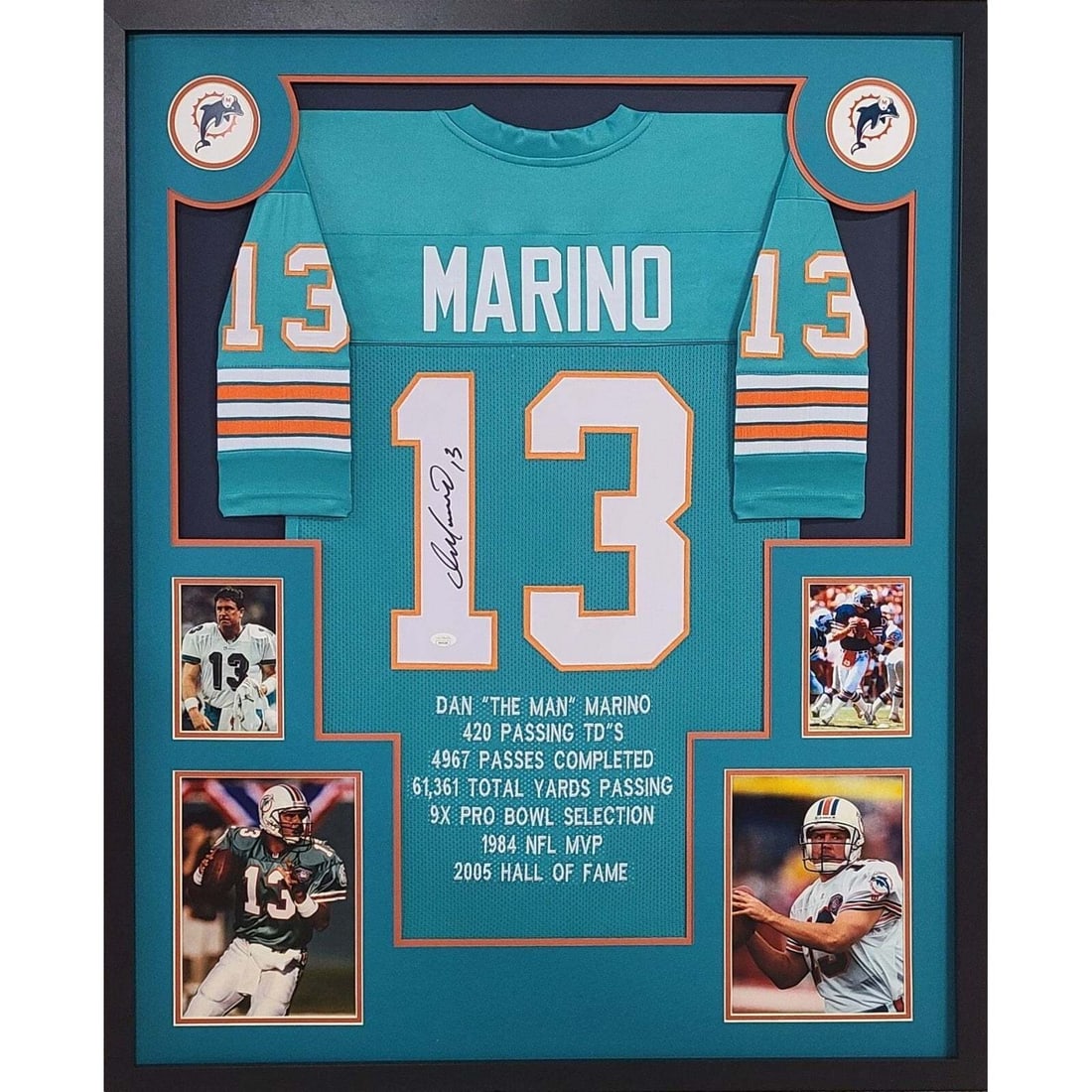 Dan Marino Autographed Framed Jersey JSA Certified Miami Dolphins: Dan Marino Autographed Framed Jersey JSA Certified Miami Dolphins Celebrate the legacy of Dan Marino with this autographed framed jersey. This stunning piece features a Miami Dolphins jersey that has 