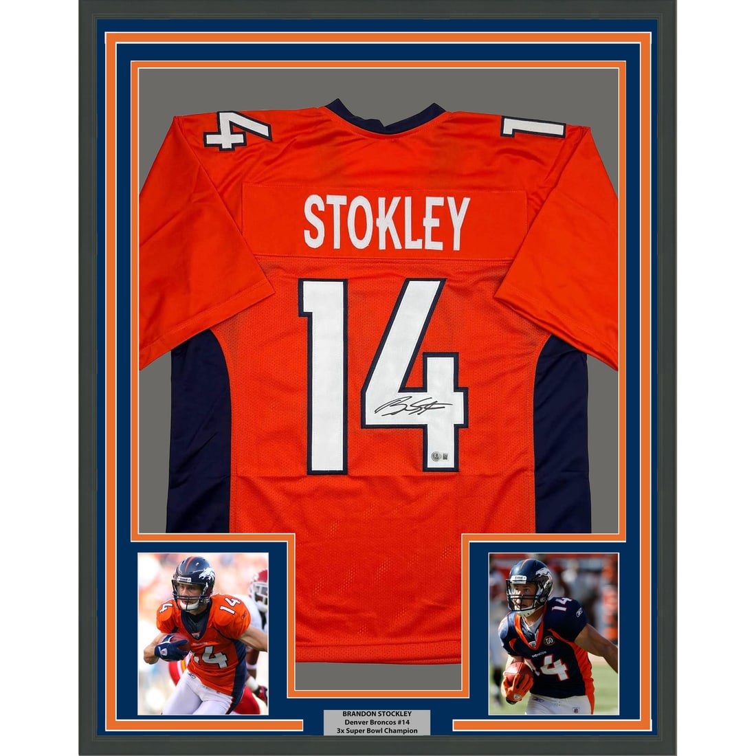 Brandon Stokley Signed Denver Broncos Jersey 35x39 Framed With Beckett Authentication: Brandon Stokley Signed Denver Broncos Jersey 35x39 Framed With Beckett Authentication This is a professionally framed and matted Denver Broncos orange jersey autographed by Brandon Stokley. The displa