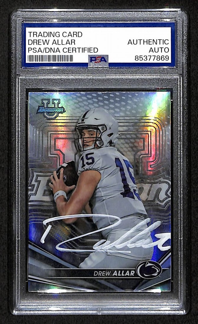 Drew Allar Autographed 2022 Bowman U Best Rookie Card #80 PSA/DNA: Drew Allar Autographed 2022 Bowman U Best Rookie Card #80 PSA/DNA This listing features a Drew Allar autographed 2022 Bowman U Best Game Refractor Rookie Card #80. The card is authenticated by PSA/DNA