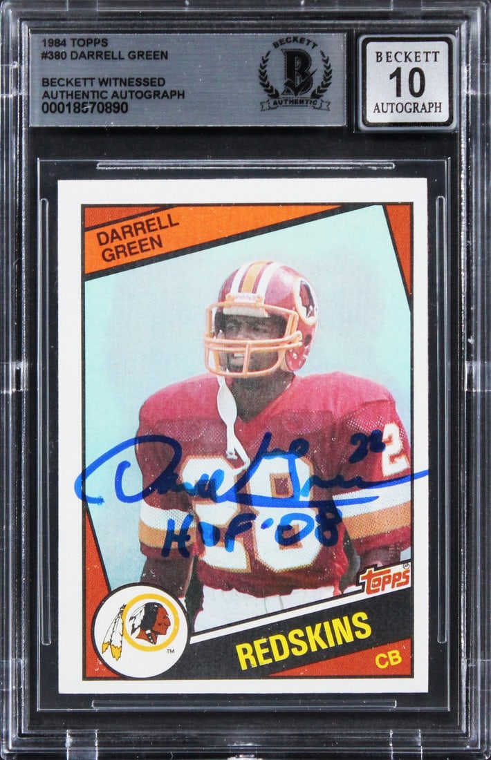 Darrell Green HOF 08 Signed 1984 Topps 380 Card Gem Mint 10 Beckett Authenticated: Darrell Green HOF 08 Signed 1984 Topps 380 Card Gem Mint 10 Beckett Authenticated This is a 1984 Topps #380 trading card featuring Darrell Green, a legendary player of the Washington Commanders, with 