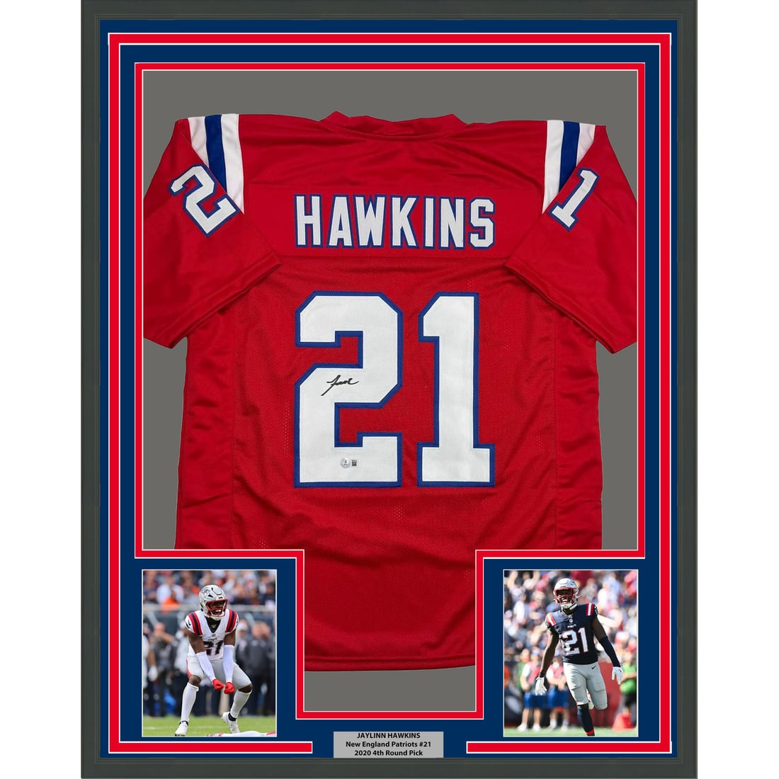 Jaylinn Hawkins Signed Patriots Red Jersey Framed 35x39 With Beckett COA: Jaylinn Hawkins Signed Patriots Red Jersey Framed 35x39 With Beckett COA This is a professionally framed and matted New England Patriots red jersey autographed by Jaylinn Hawkins. The display includes