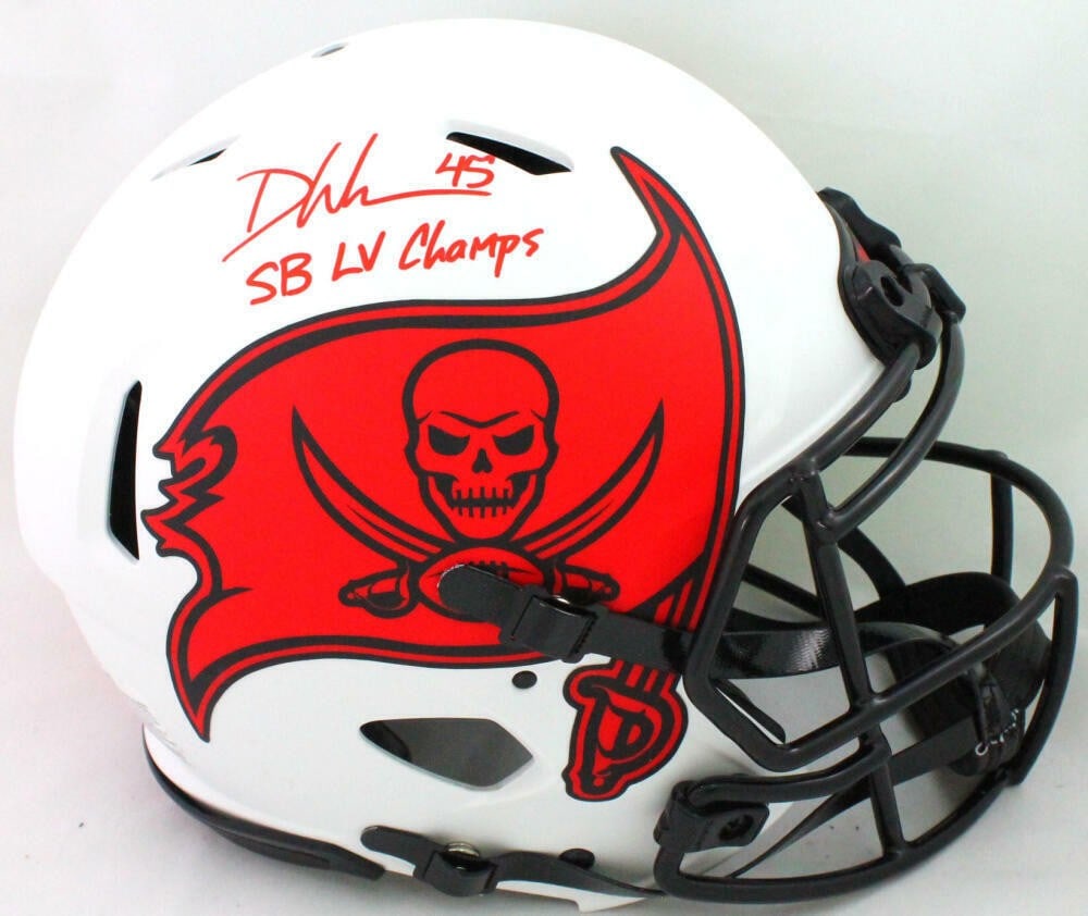 Tampa Bay Buccaneers authentic Lunar Speed football helmet signed by Devin White Beckett: Tampa Bay Buccaneers authentic Lunar Speed football helmet signed by Devin White Beckett This is an authentic Lunar Speed full-size helmet signed by Devin White of the Tampa Bay Buccaneers. The helmet