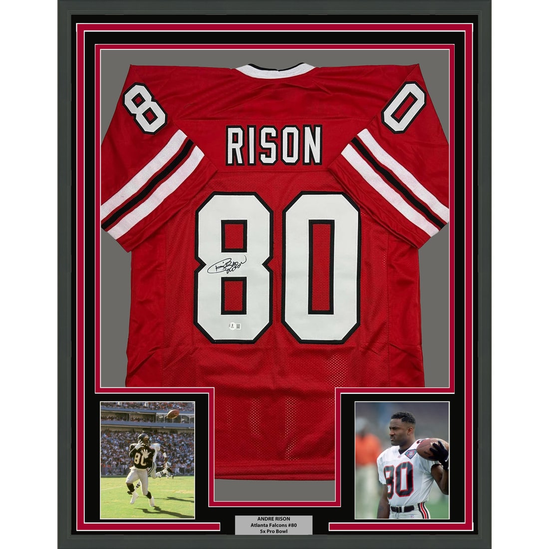 Atlanta Falcons Andre Rison Signed Red Jersey Display 35x39 Beckett Authenticated: Atlanta Falcons Andre Rison Signed Red Jersey Display 35x39 Beckett Authenticated This professionally framed and matted display features an autographed Andre Rison Atlanta Falcons red jersey. The pres